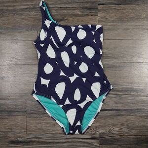 Echo Design Mambo Circles One Shoulder Swimsuit Womens Size 6 Blue White 1 Piece